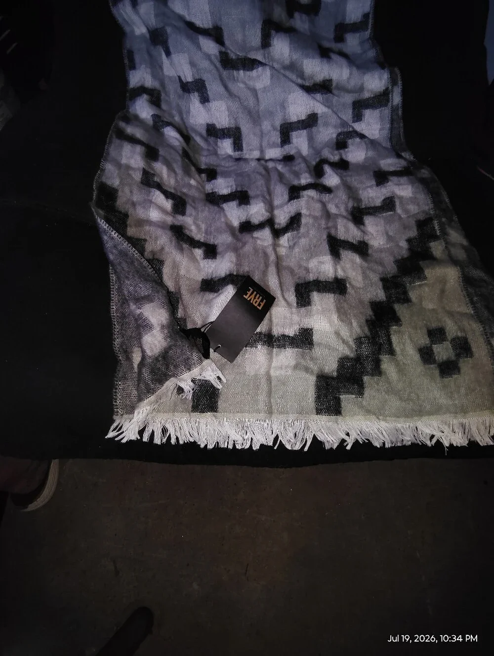 Frye Black and White Geometric Fringe Scarf